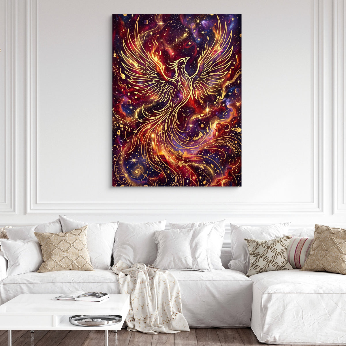 Cosmic Phoenix Soaring — cosmic phoenix soaring sq white couch and wall 1port flush print