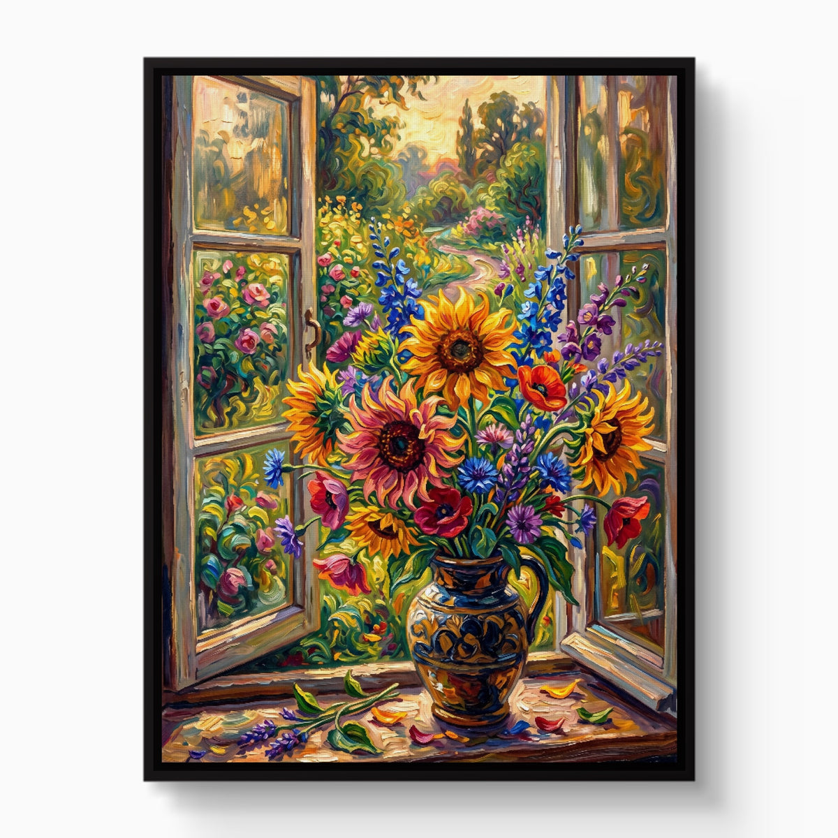 Country Window Floral Burst — country window floral burst white studio framed black