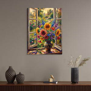 Country Window Floral Burst — country window floral burst sq wall desk bird 1port flush print