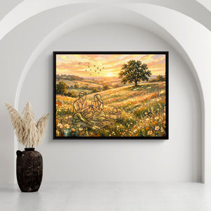 Couple Picnic Sunset — couple picnic sunset sq white wall 1land framed black