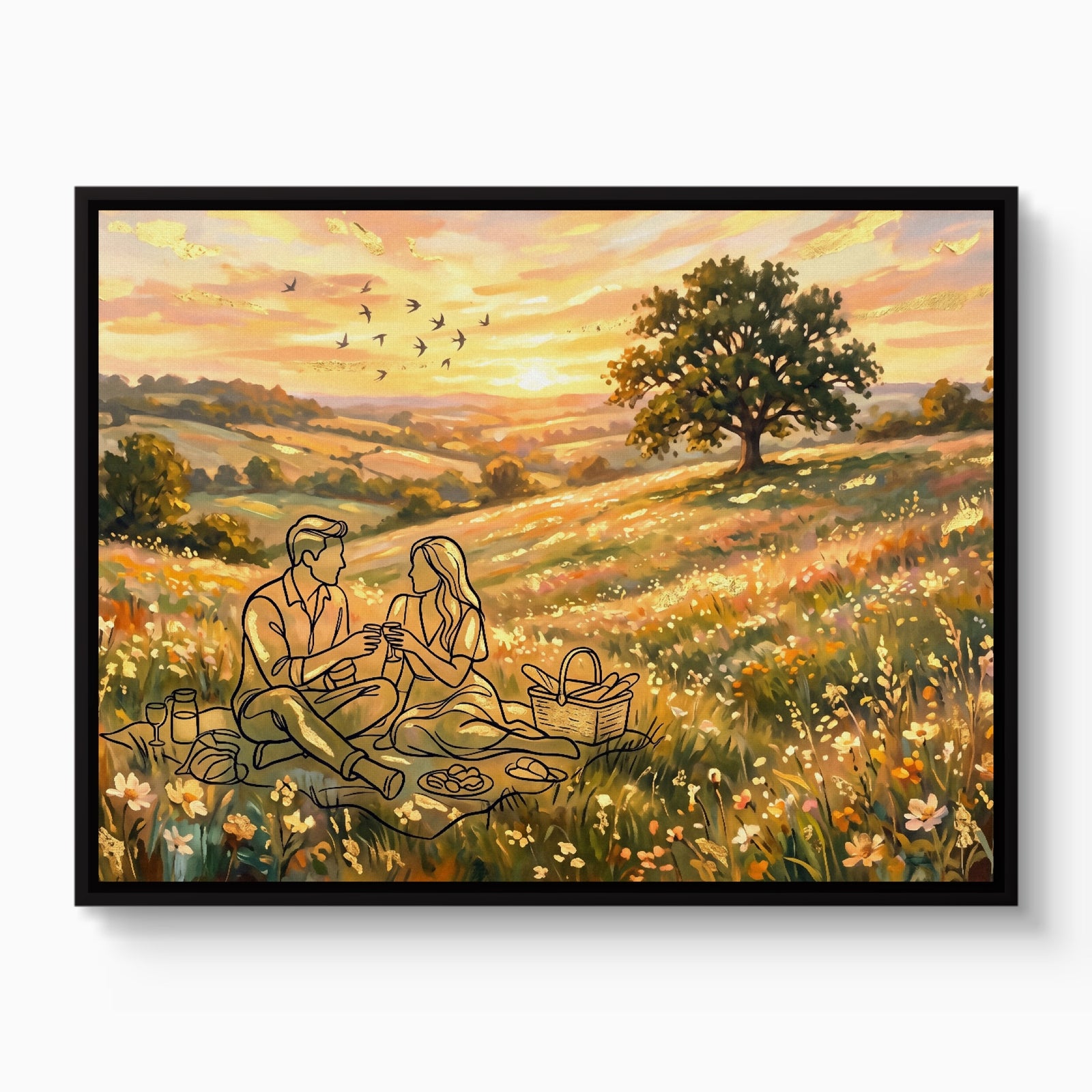 Couple Picnic Sunset — couple picnic sunset white studio framed black