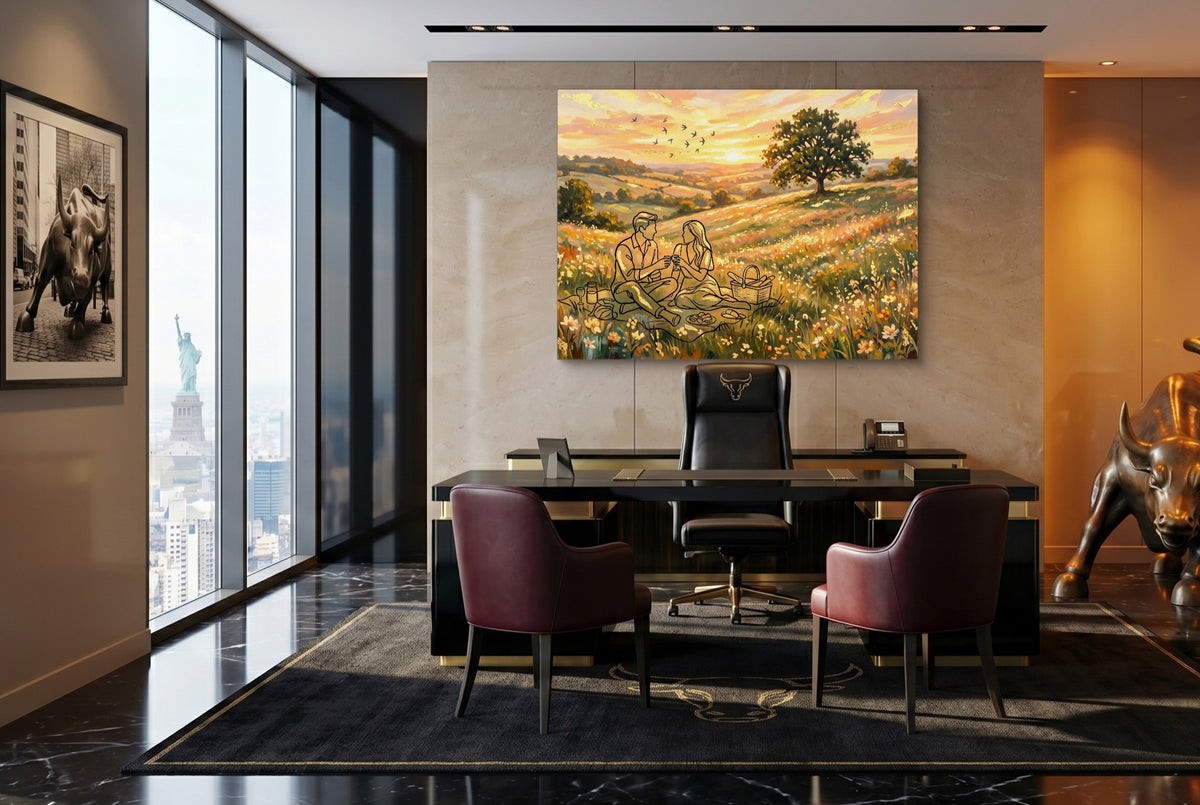 Couple Picnic Sunset — couple picnic sunset office with desk and chairs 2 1land flush print