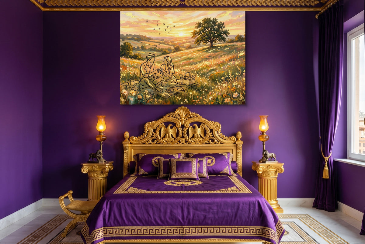 Couple Picnic Sunset — couple picnic sunset purple bedroom with bed 1land flush print