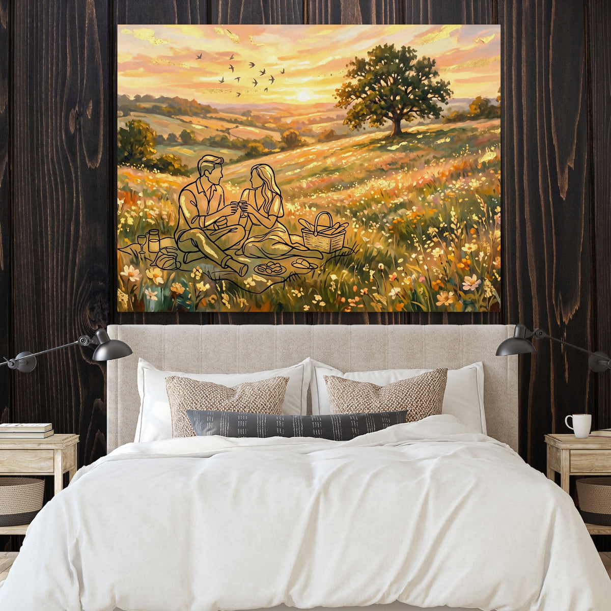 Couple Picnic Sunset — couple picnic sunset sq bedroom with wood walls 1land flush print