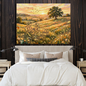 Couple Picnic Sunset — couple picnic sunset sq bedroom with wood walls 1land flush print