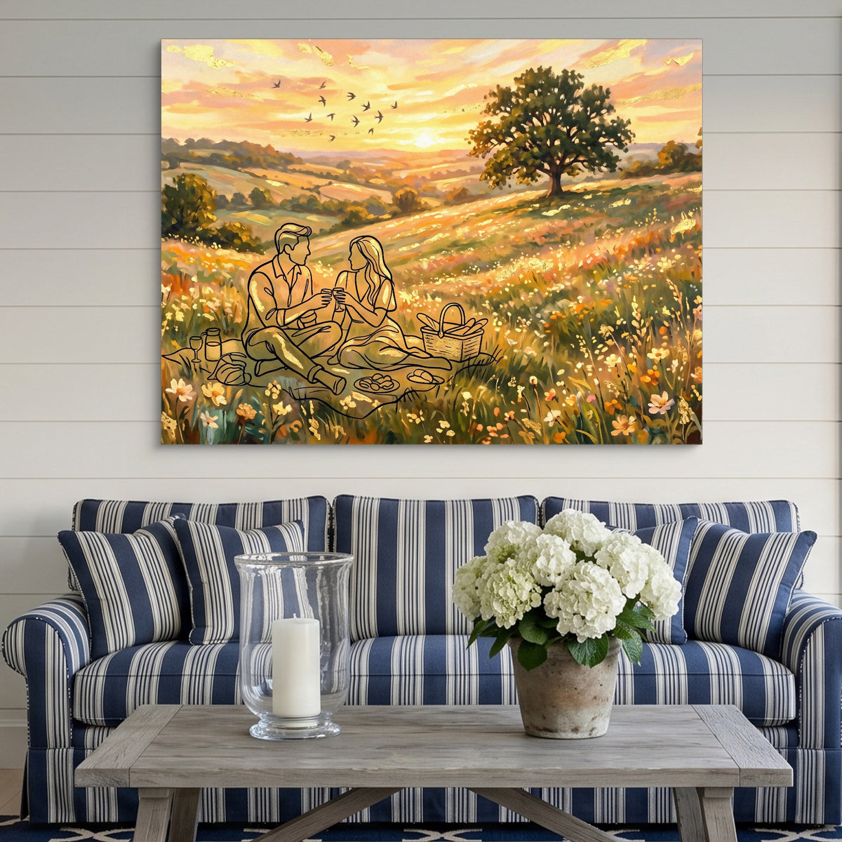 Couple Picnic Sunset — couple picnic sunset sq striped couch 1land flush print