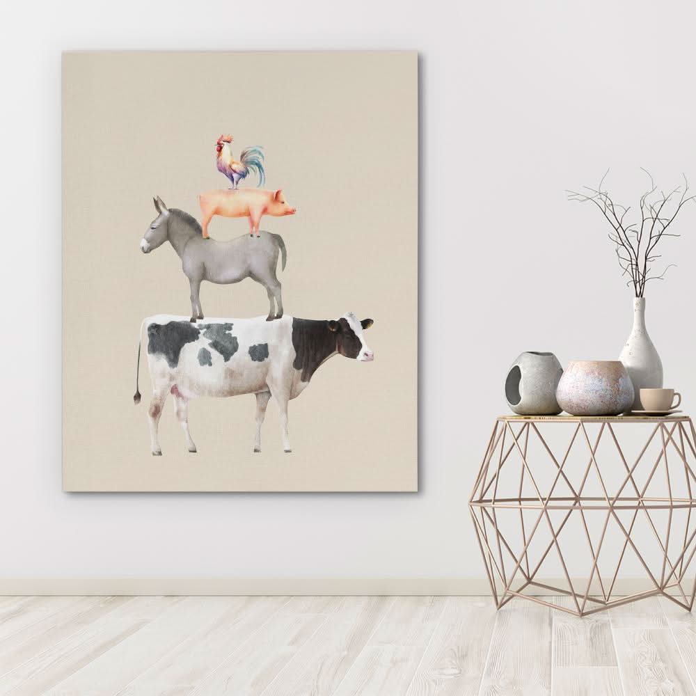 Cow Donkey Pig Chicken - Farm Wall Art in Black Frame
