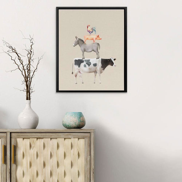 Cow Donkey Pig Chicken in a room