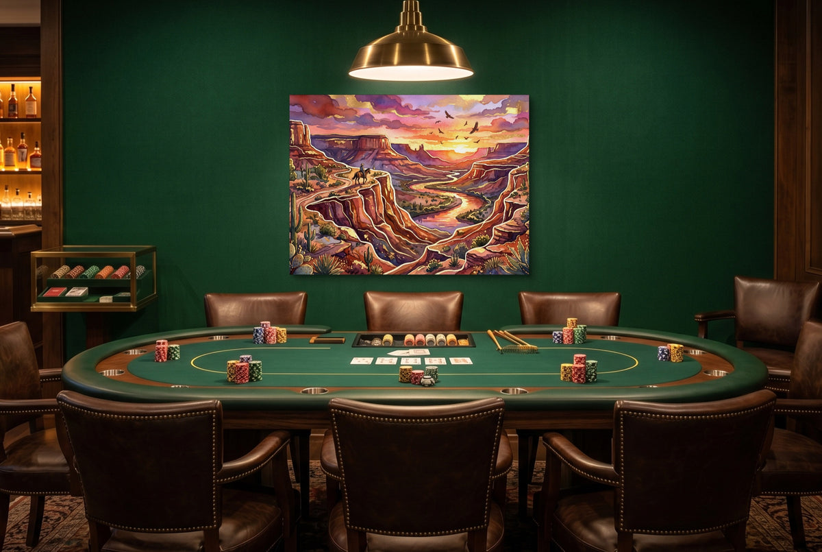 Cowboy Canyon Sunset — cowboy canyon sunset green table with chairs 1land flush print