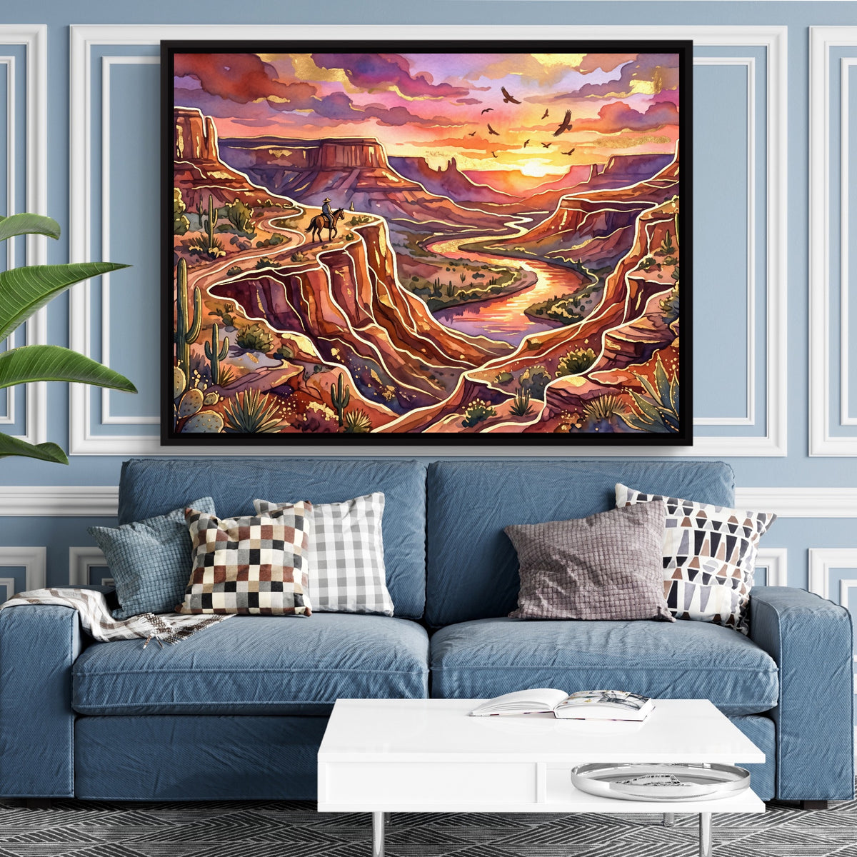 Cowboy Canyon Sunset — cowboy canyon sunset sq blue room and walls 1land framed black