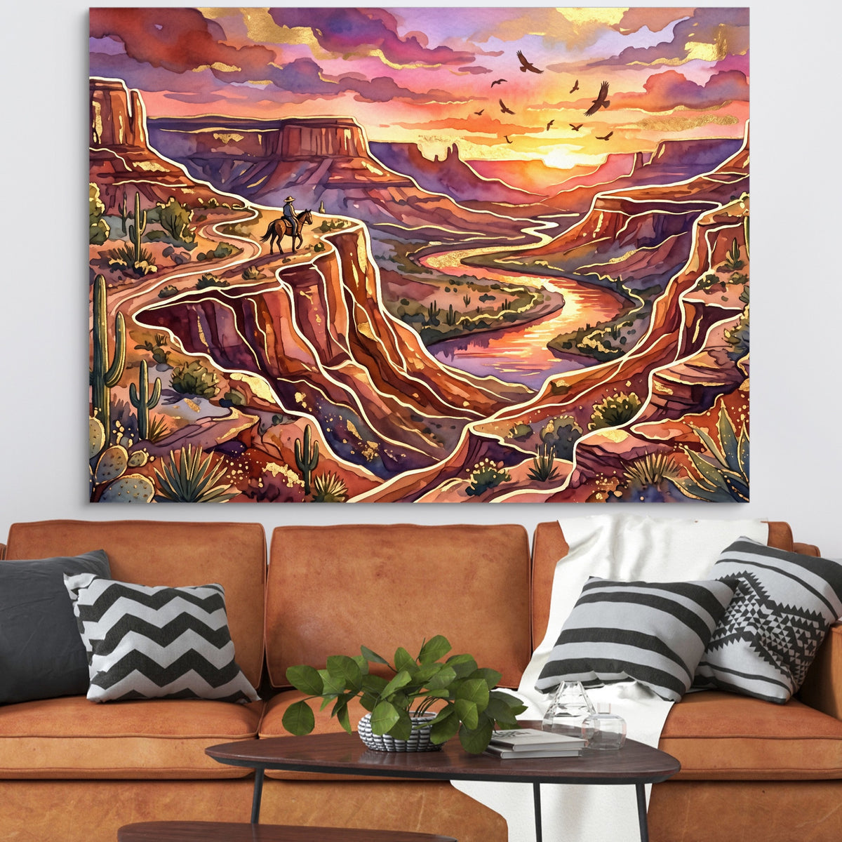 Cowboy Canyon Sunset — cowboy canyon sunset sq orange couch 1land flush print