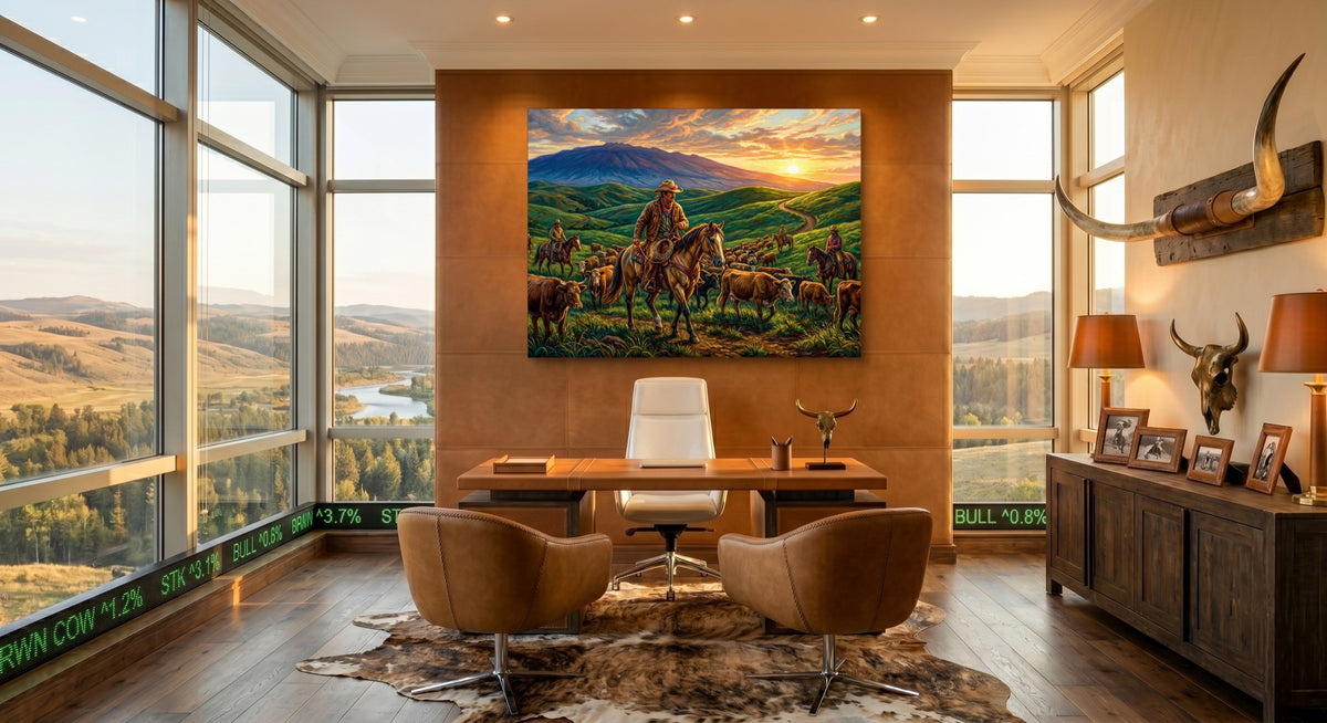 Cowboys Herding Sunset — cowboys herding sunset office with desk and chairs 1land flush print
