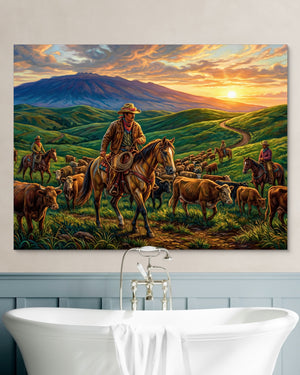 Cowboys Herding Sunset — cowboys herding sunset psd white wall green bath 1land flush print