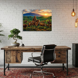 Cowboys Herding Sunset — cowboys herding sunset sq bonsai office 1land flush print