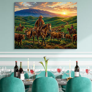 Cowboys Herding Sunset — cowboys herding sunset sq teal dining room 1land flush print
