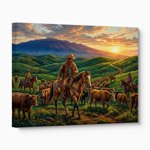 Cowboys Herding Sunset — cowboys herding sunset angled flush print