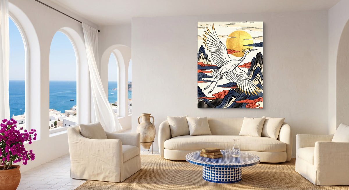 Crane Golden Flight — crane golden flight beachside couch livingroom 1port flush print