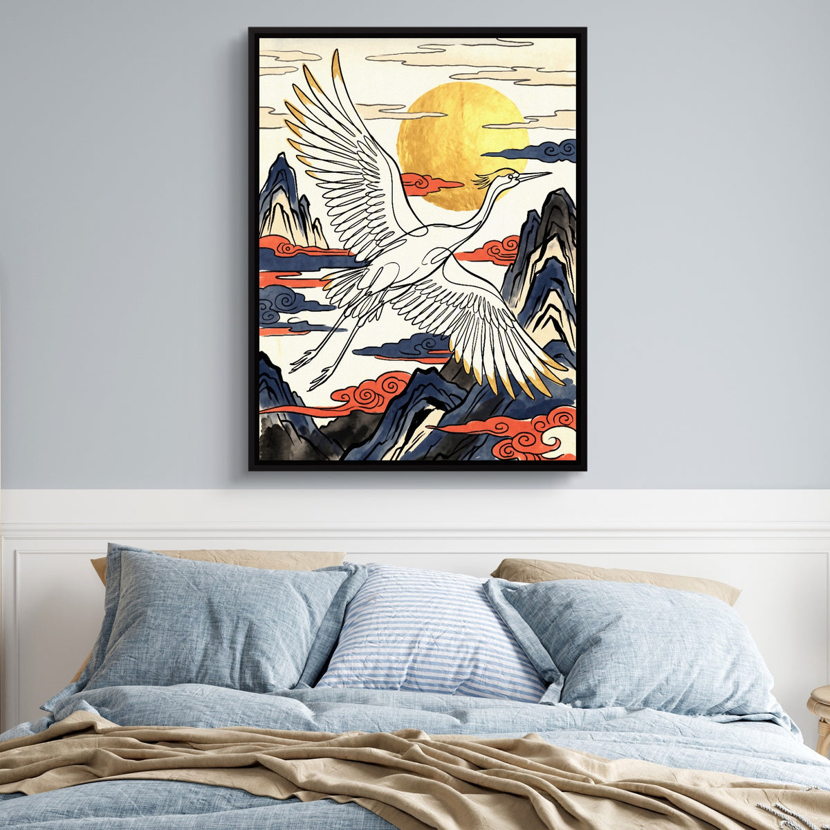 Crane Golden Flight — crane golden flight sq blue bedroom 1port framed black