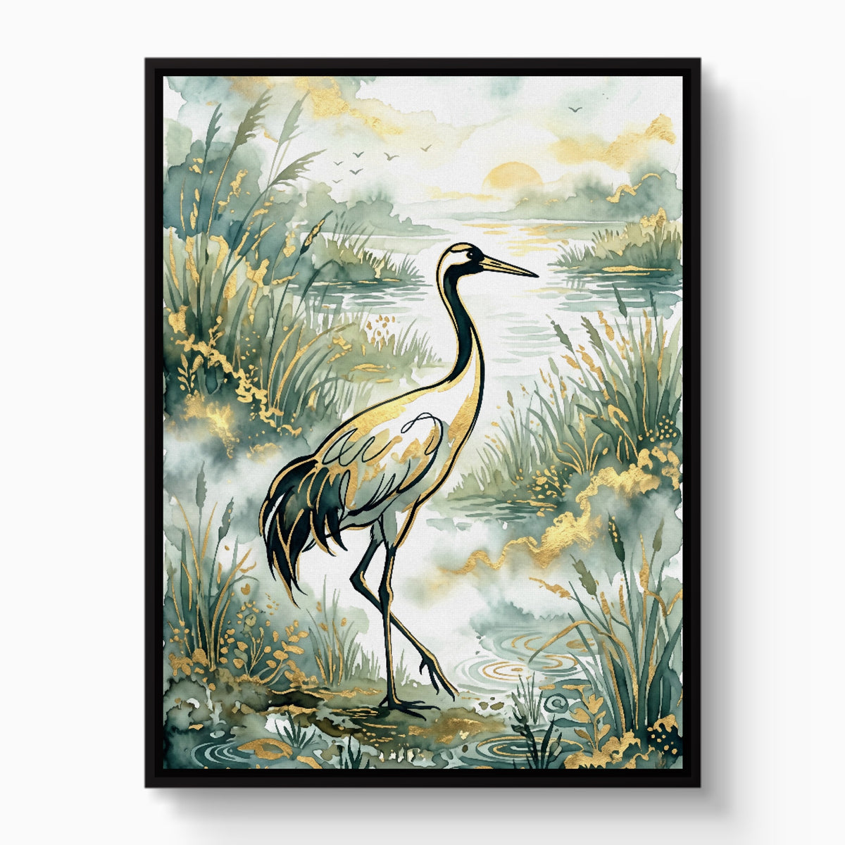 Crane Golden Sunrise — crane golden sunrise white studio framed black