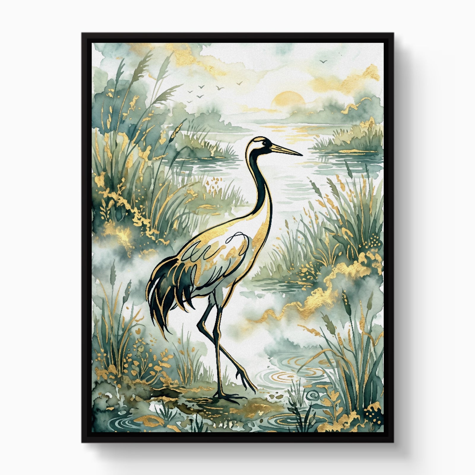Crane Golden Sunrise — crane golden sunrise white studio framed black
