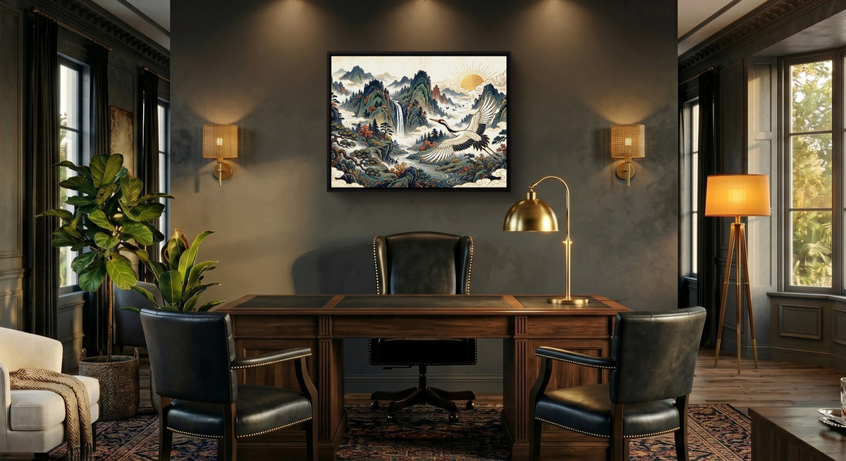 Crane Mountain Sunrise — crane mountain sunrise office interior with desk 1land framed black