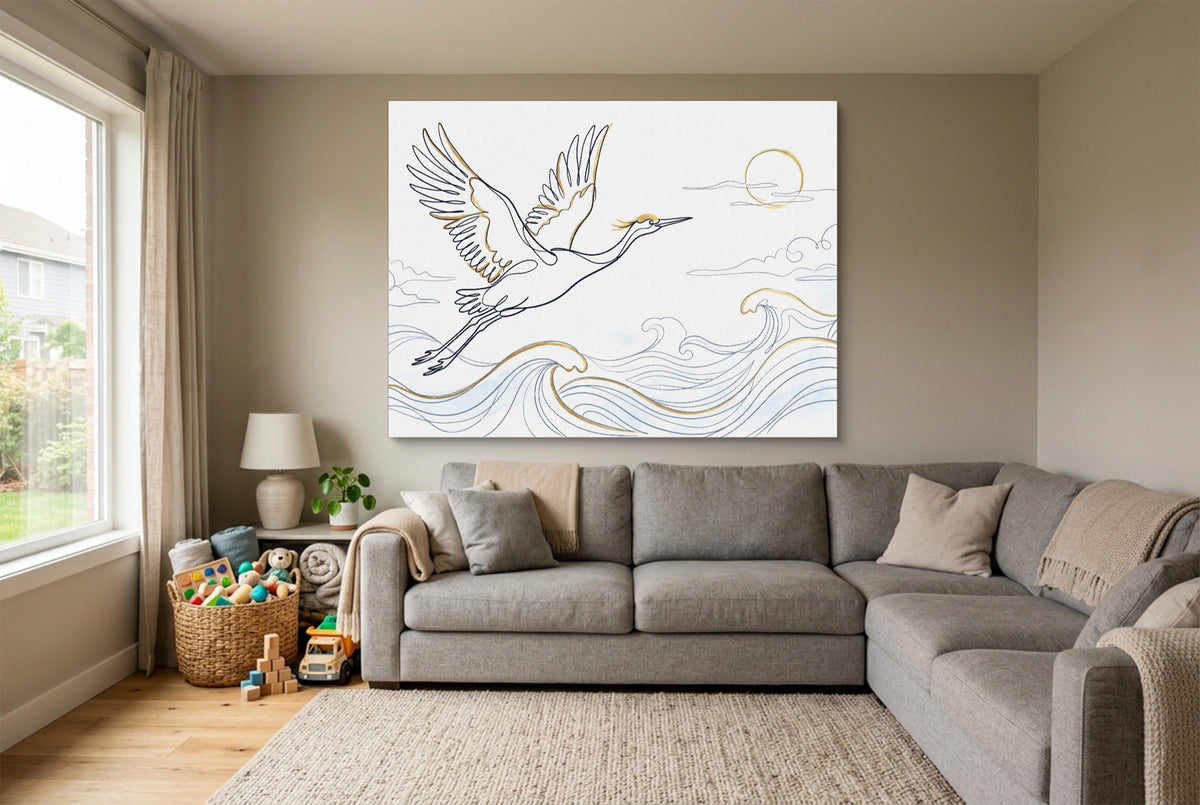 Crane Ocean Journey — crane ocean journey living room with sectional sofa 1land flush print