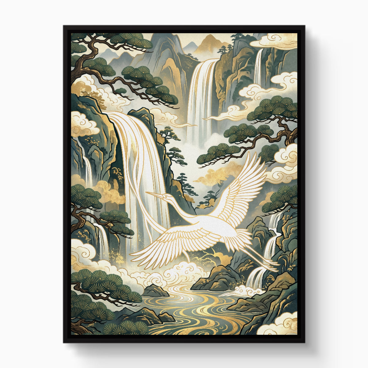 Crane Waterfall Pines — crane waterfall pines white studio framed black