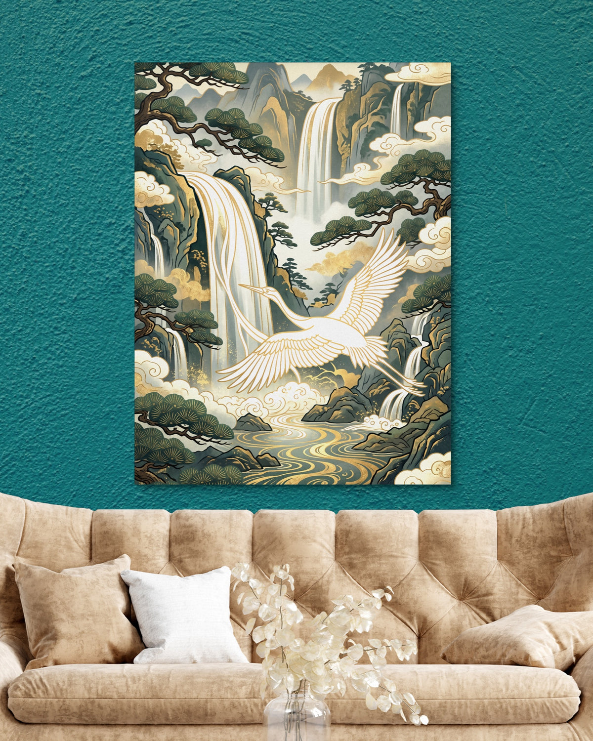 Crane Waterfall Pines — crane waterfall pines psd teal wall tan couch 1port flush print