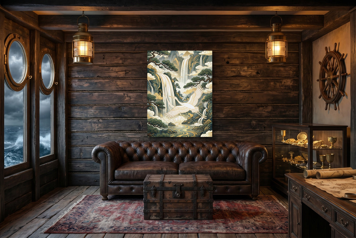 Crane Waterfall Pines — crane waterfall pines small cabin interior view 1port flush print