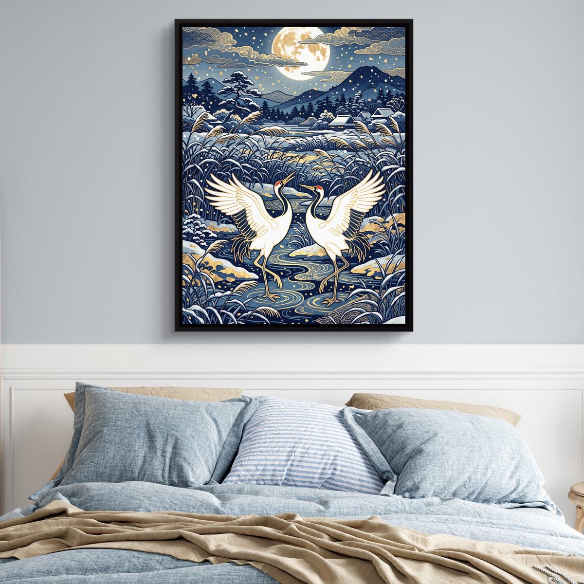 Cranes Dancing Moonlight — cranes dancing moonlight sq blue bedroom 1port framed black