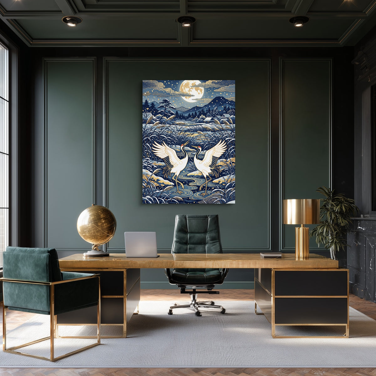 Cranes Dancing Moonlight — cranes dancing moonlight sq green office room 1port flush print