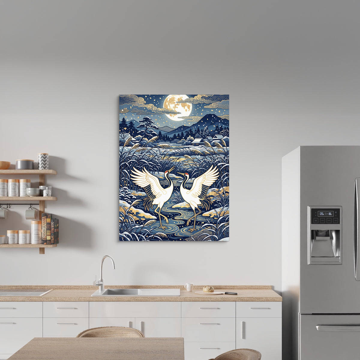 Cranes Dancing Moonlight — cranes dancing moonlight sq kitchen wall 1port flush print
