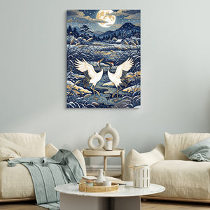 Cranes Dancing Moonlight — cranes dancing moonlight sq white couches 1port flush print
