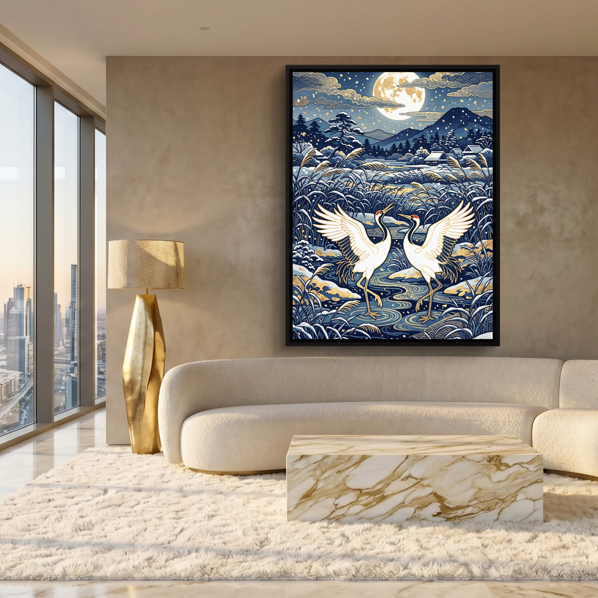 Cranes Dancing Moonlight — cranes dancing moonlight sq white gold lux 1port framed black