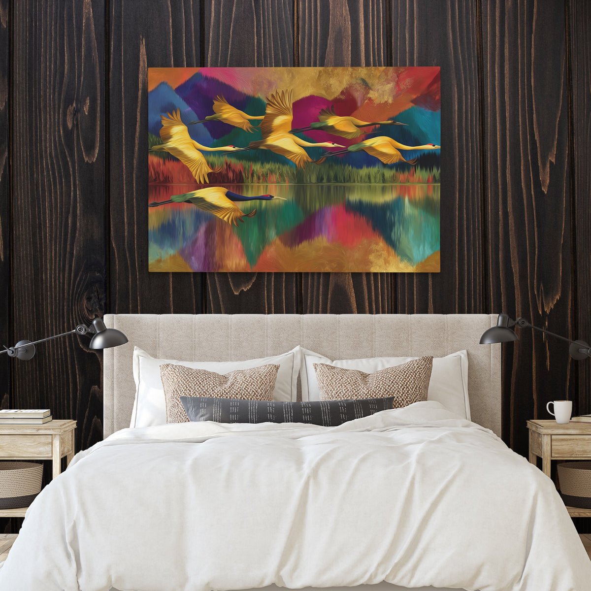 Cranes Mountain Reflection — Cranes Mountain Reflection Bedroom with Wood Walls 32