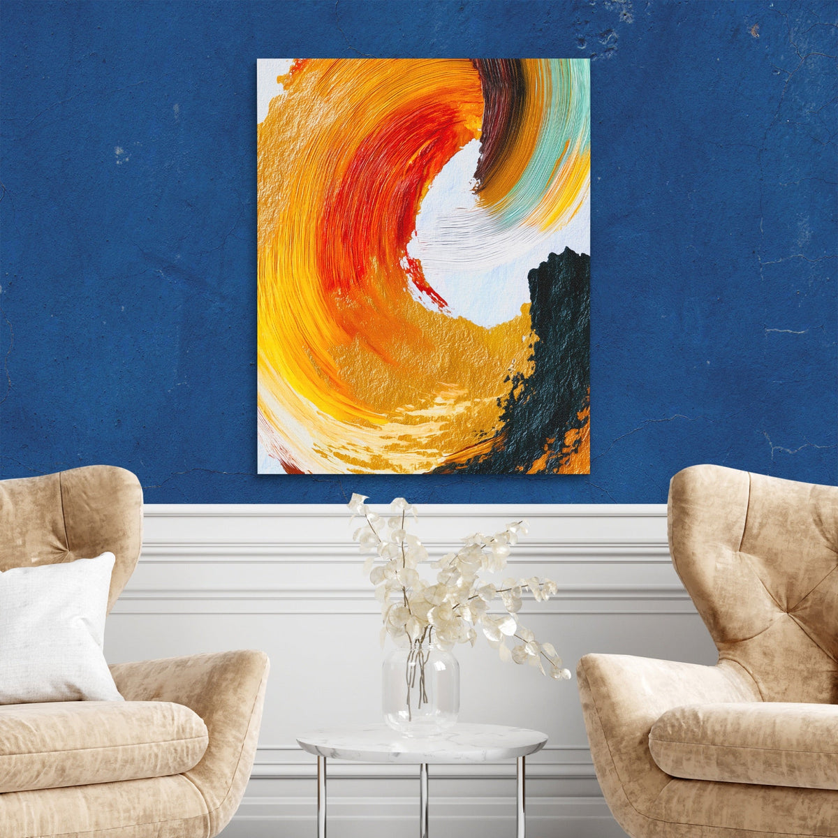 Crimson Spiral Calligraphy canvas wall art, room view