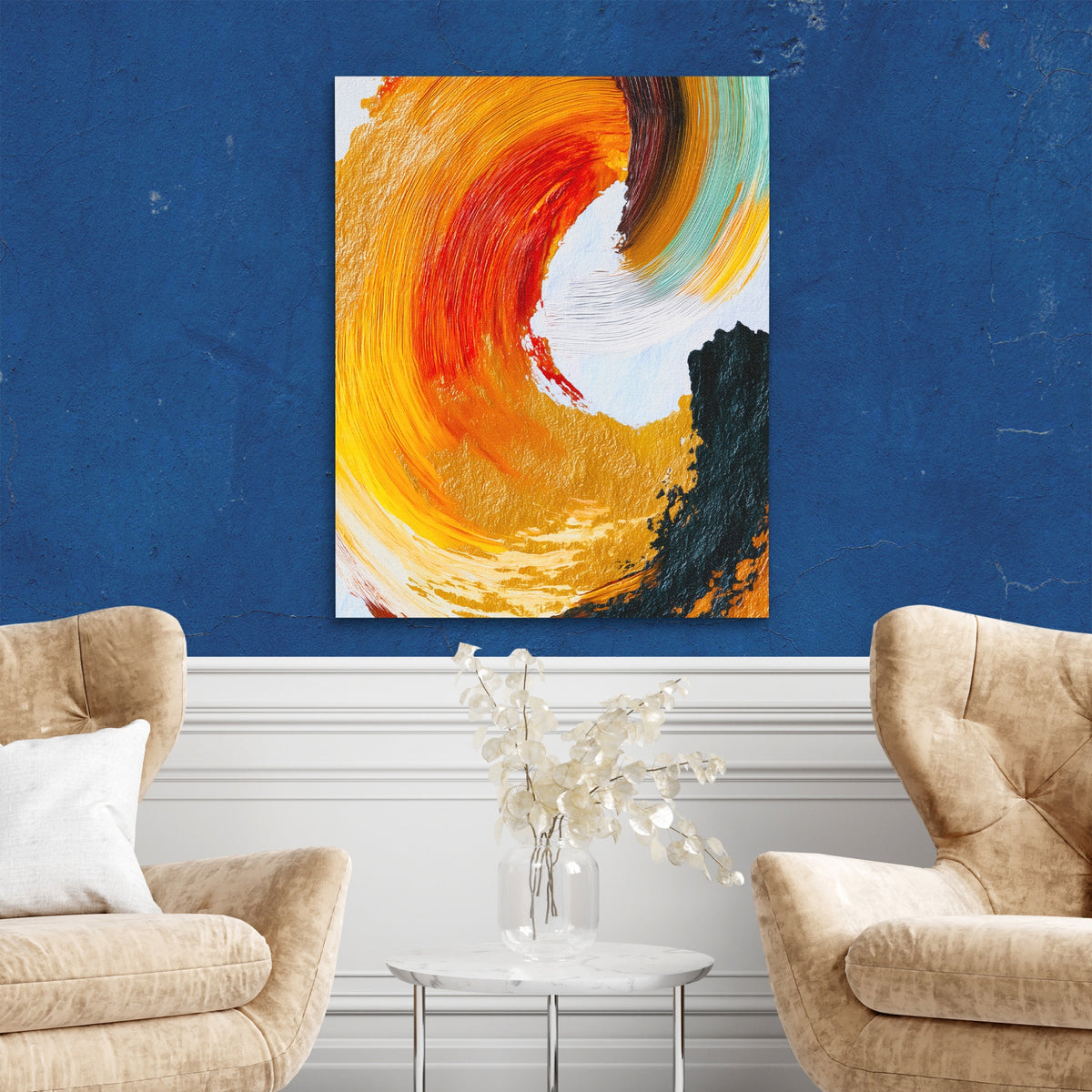 Crimson Spiral Calligraphy — Crimson Spiral Calligraphy Two Chairs Blue Walls2 292