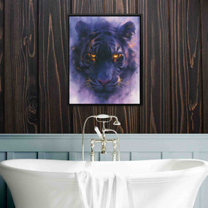 a picture of a tiger on a wall above a bathtub