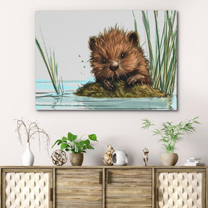 a painting of a beaver on a wall above a dresser