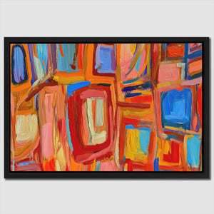 an abstract painting of orange, blue, red and yellow