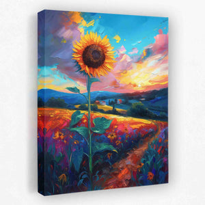 a painting of a sunflower in a field