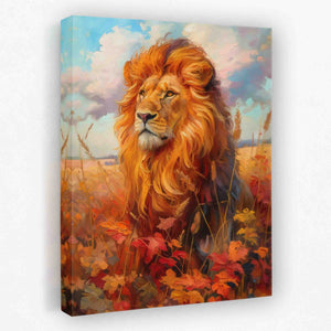 a painting of a lion in a field of flowers