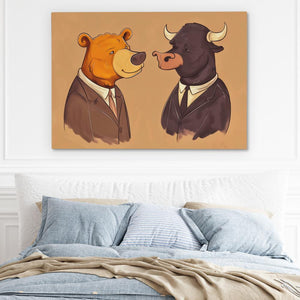 a painting of two bears in suits on a wall above a bed