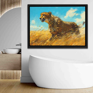 a painting of a cheetah running through a field