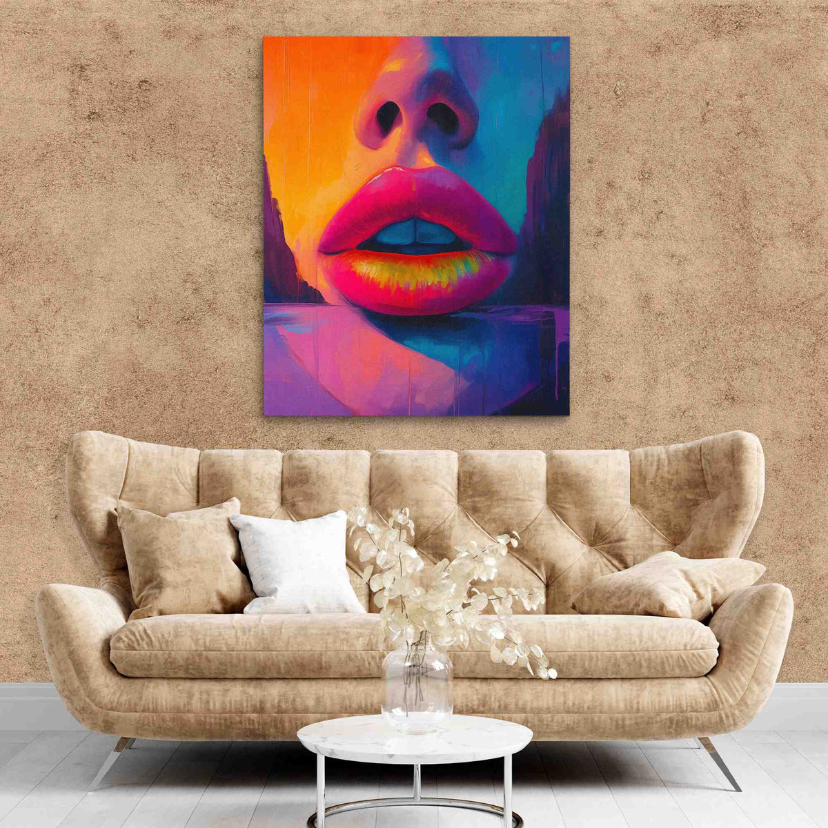 a living room with a couch and a painting on the wall