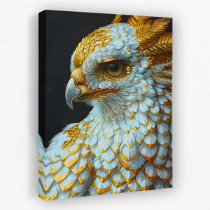 a painting of a white and gold bird on a black background