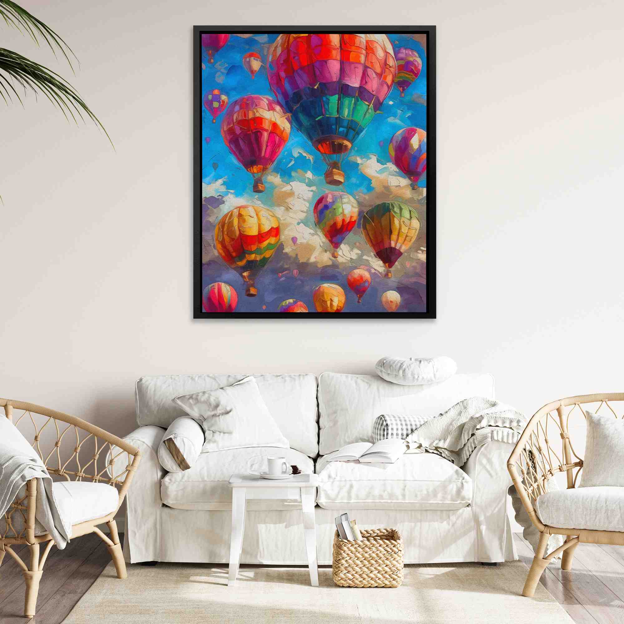 a painting of hot air balloons flying in the sky