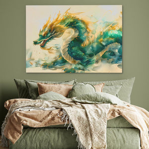 a painting of a green dragon on a wall above a bed