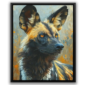 a painting of a dog with orange eyes