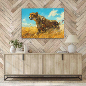 a painting of a cheetah running through a field